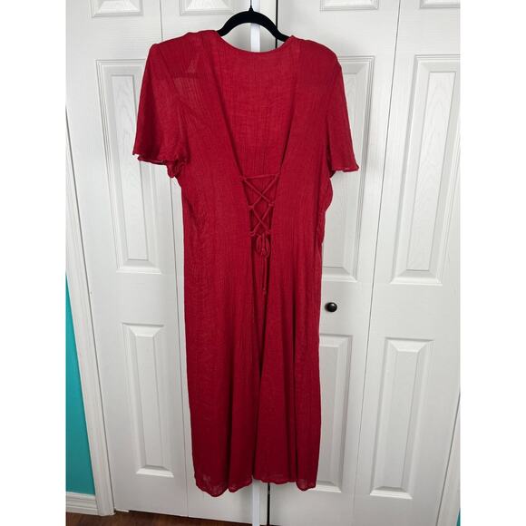 90s Red Rayon Crepe Flutter Sleeve Button Front Tie Corset Back Maxi Dress L/XL - Picture 7 of 8